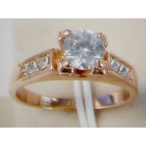 Gold tone Engagement Ring W/ Round Diamond Simulant Center Stone & Moissanite